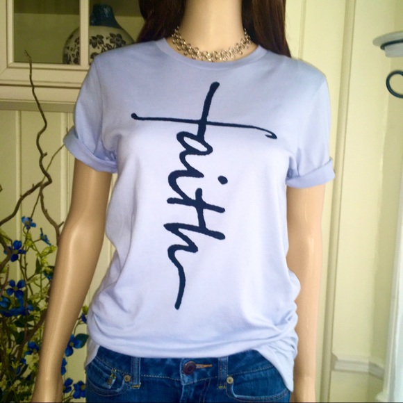 LIGHT BLUE “FAITH” TEE SHIRT ALL COTTON - Picture 3 of 6